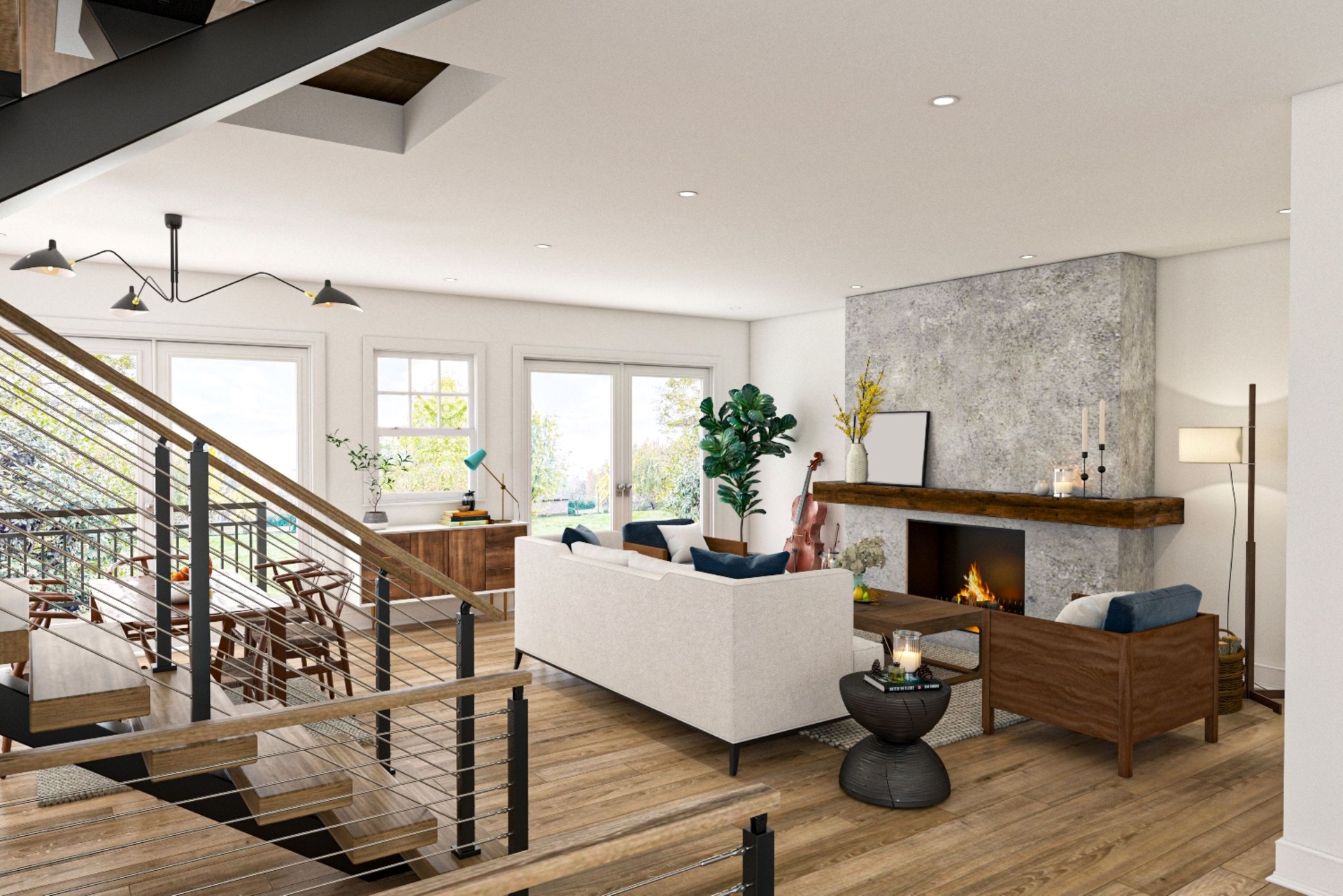 Modern Living Room Design with Fireplace and Contemporary Wooden Elements